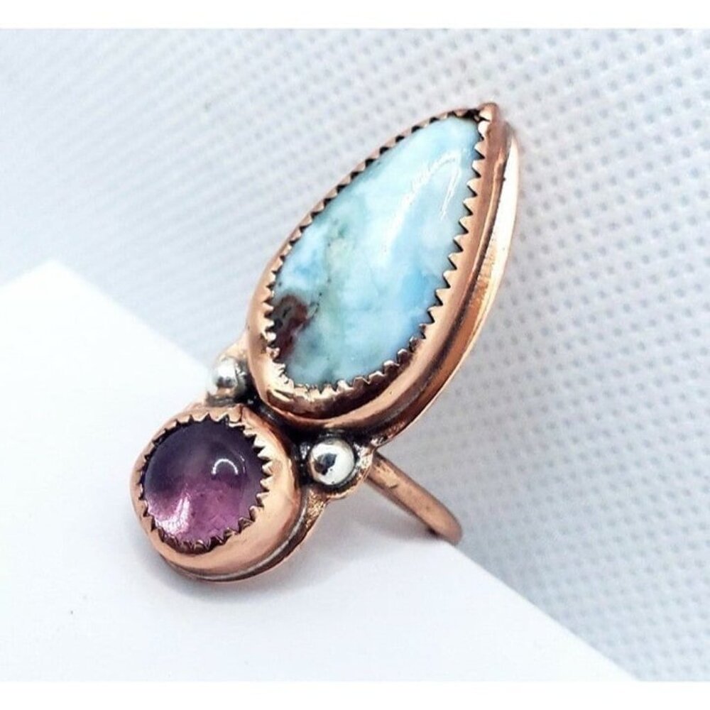 Amethyst and Larmiar Crystal Statement Ring Handmade Copper Jewelry Boho - Picture 7 of 12